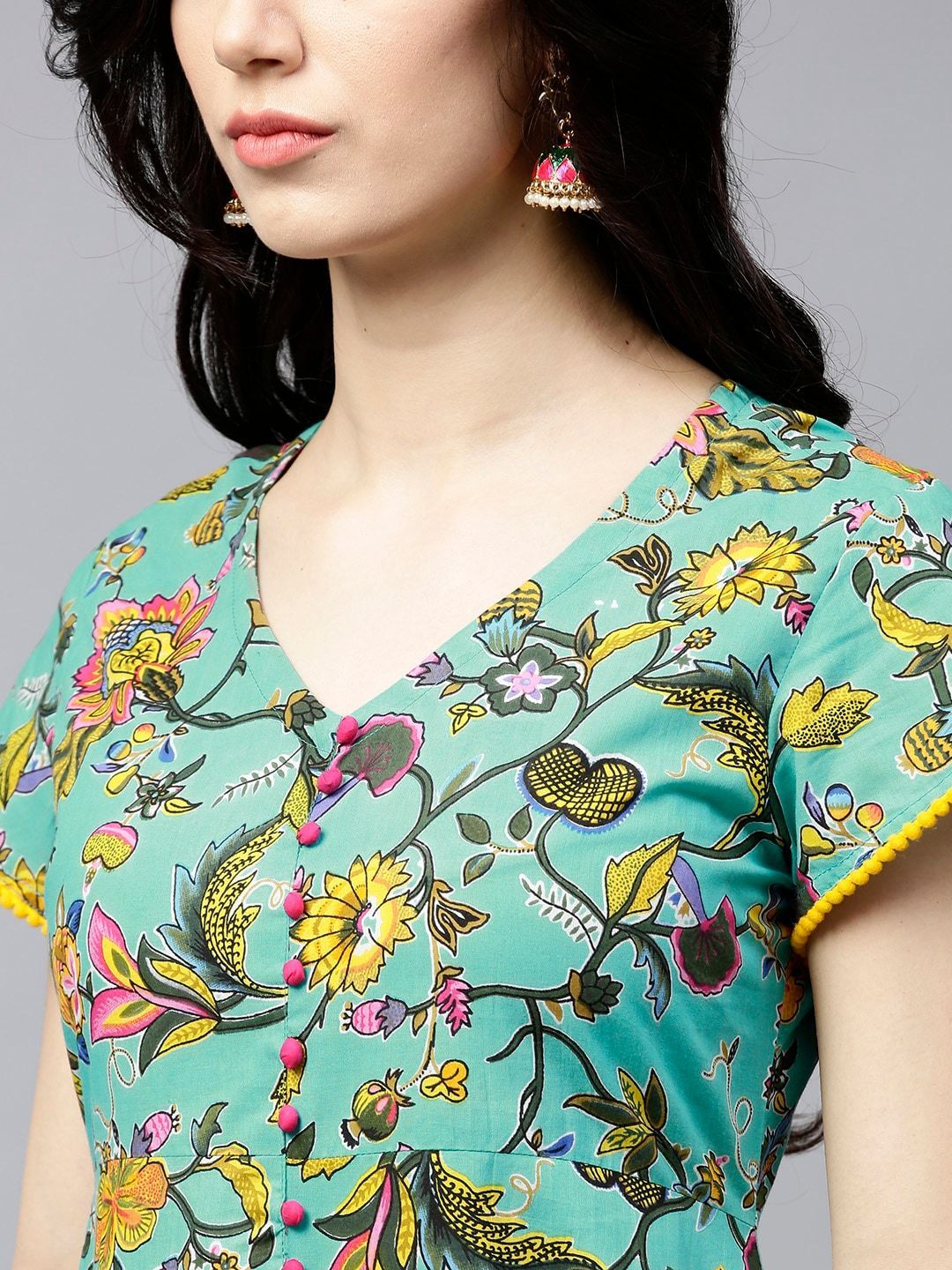 Women's  Green & Yellow Floral Print Anarkali Kurta
