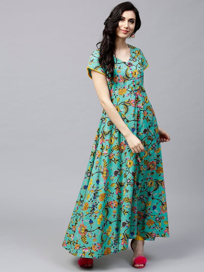Women's  Green & Yellow Floral Print Anarkali Kurta