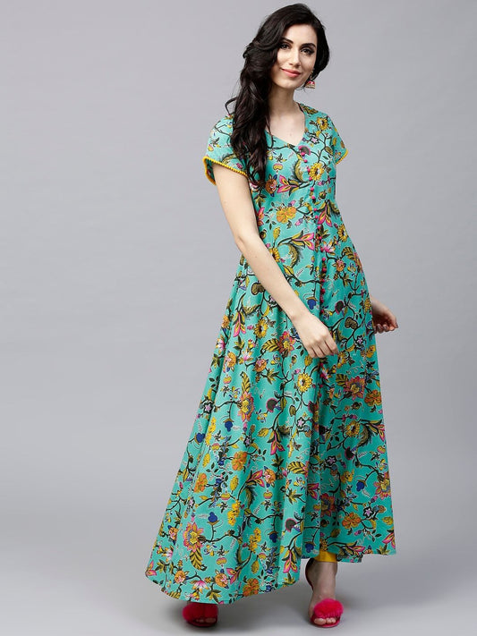 Women's  Green & Yellow Floral Print Anarkali Kurta