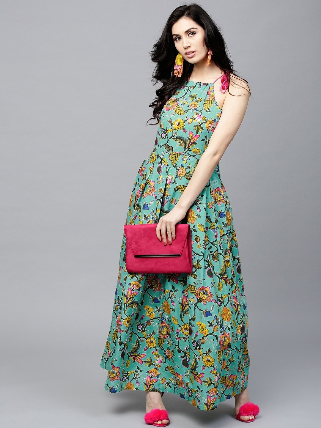 Women's  Sea Green & Yellow Printed Maxi Dress