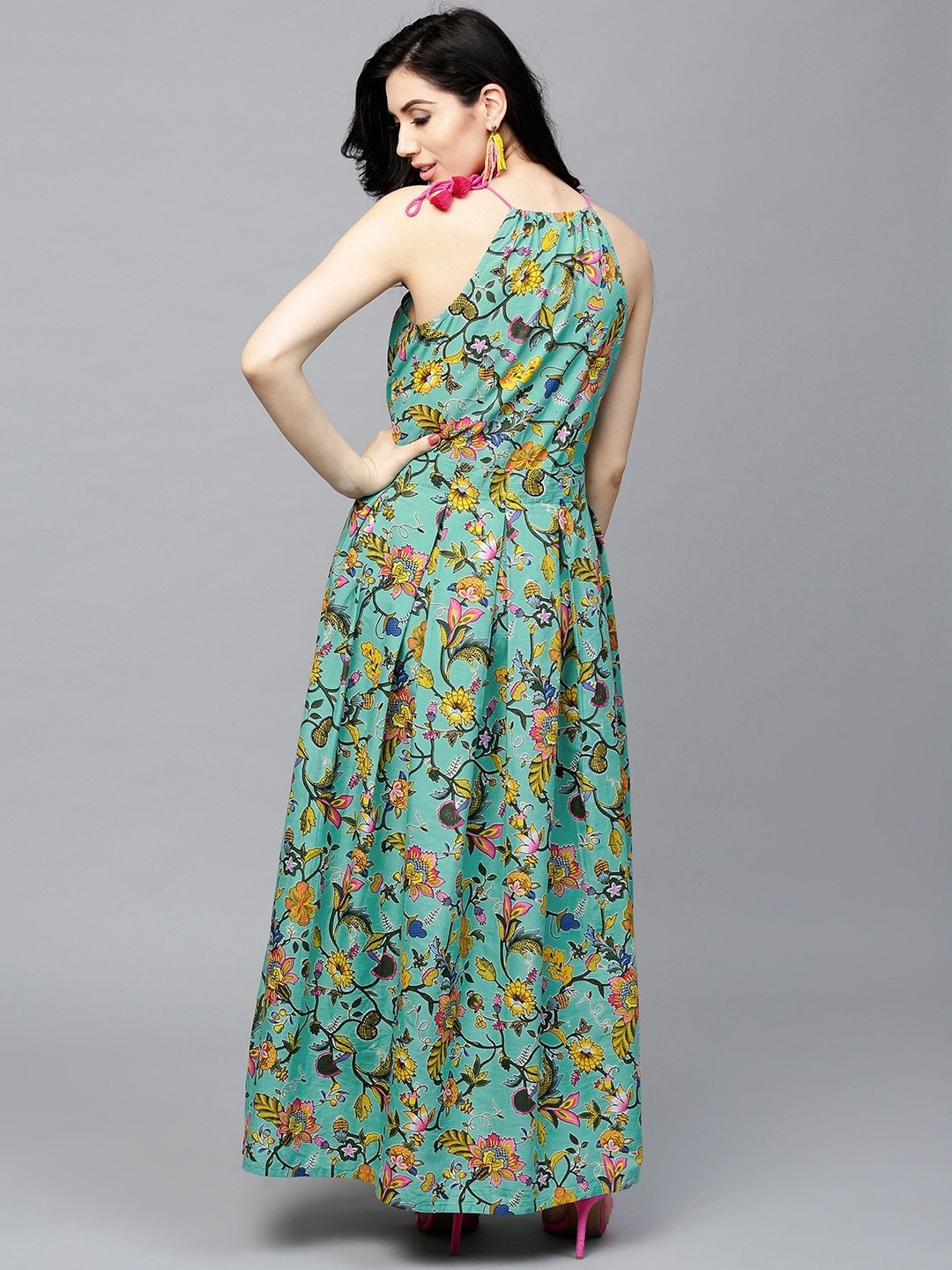 Women's  Sea Green & Yellow Printed Maxi Dress