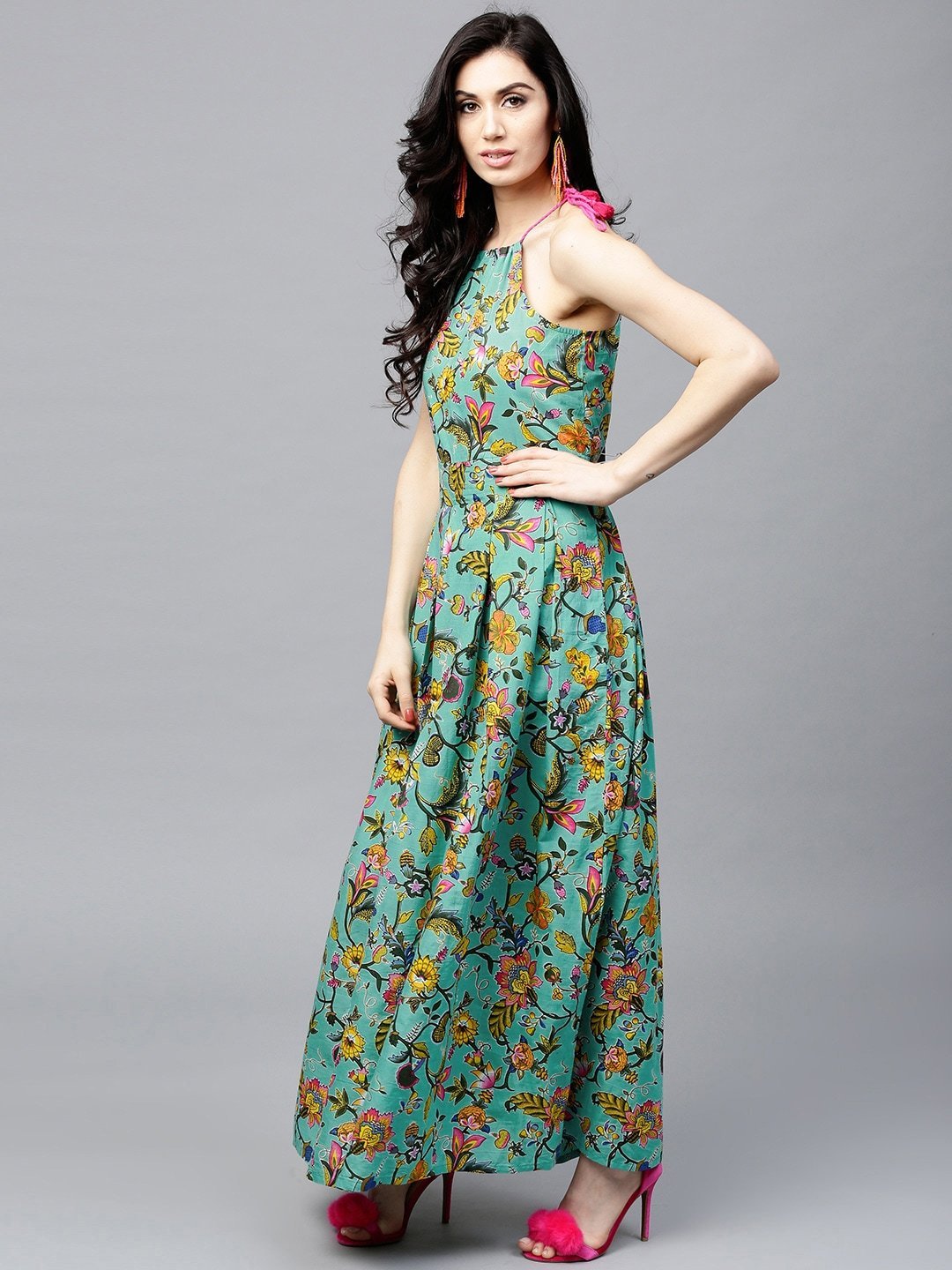 Women's  Sea Green & Yellow Printed Maxi Dress