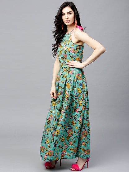 Women's  Sea Green & Yellow Printed Maxi Dress