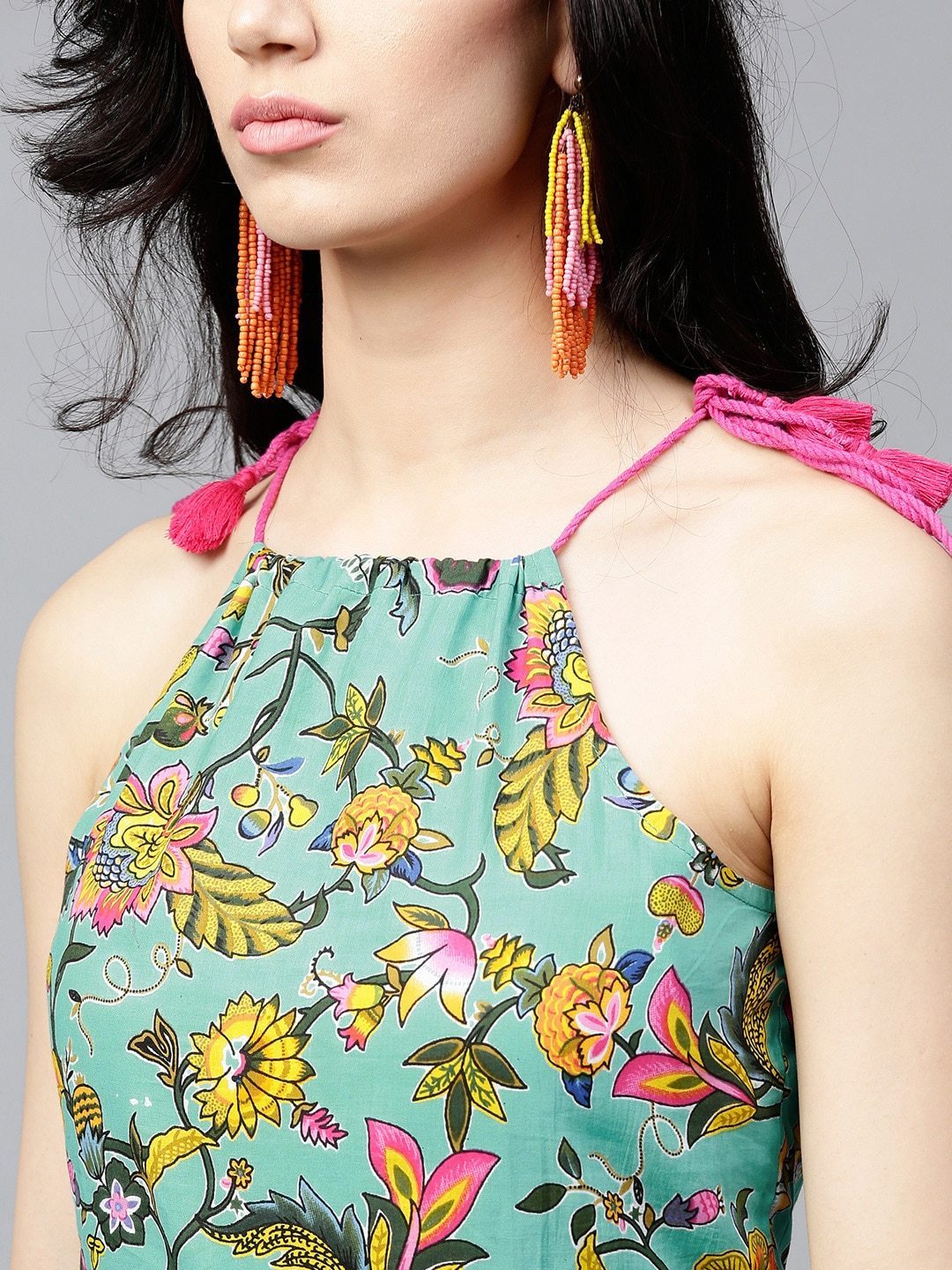 Women's  Sea Green & Yellow Printed Maxi Dress