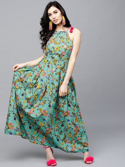 Women's  Sea Green & Yellow Printed Maxi Dress