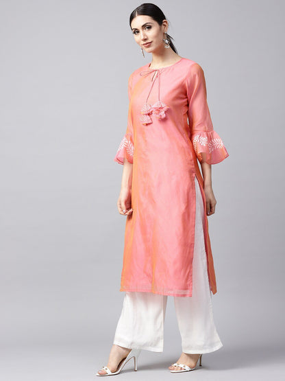 Women's  Pink Solid Dual-Toned Straight Kurta