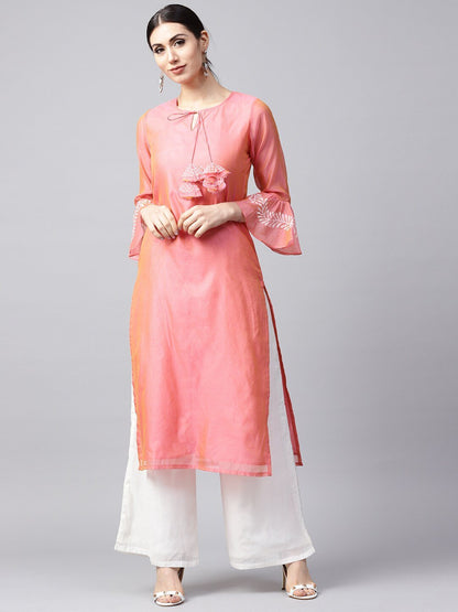 Women's  Pink Solid Dual-Toned Straight Kurta