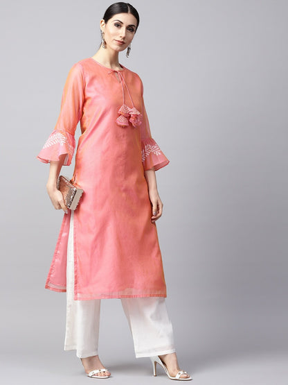 Women's  Pink Solid Dual-Toned Straight Kurta