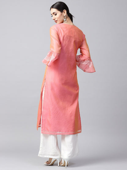 Women's  Pink Solid Dual-Toned Straight Kurta