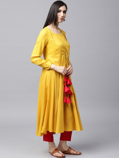 Women's Mustard Flared Anarkali With Tassels
