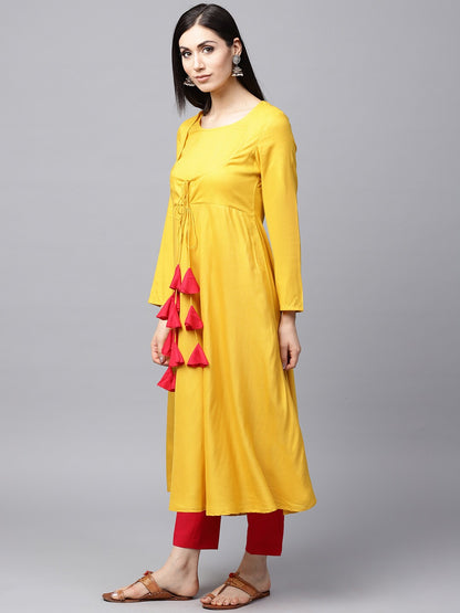 Women's Mustard Flared Anarkali With Tassels