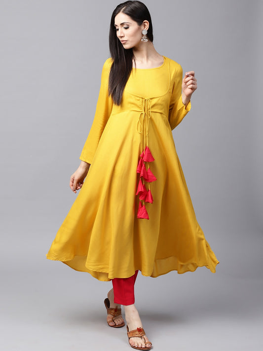 Women's Mustard Flared Anarkali With Tassels