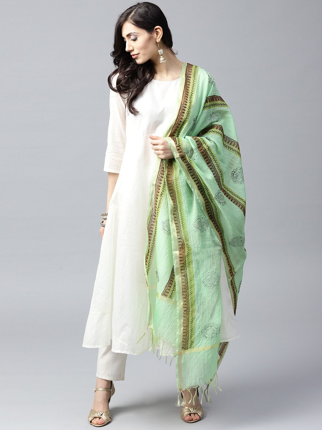 Women's Green Hand Block Printed Dupatta