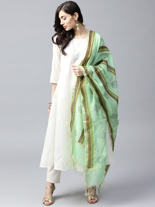 Women's Green Hand Block Printed Dupatta