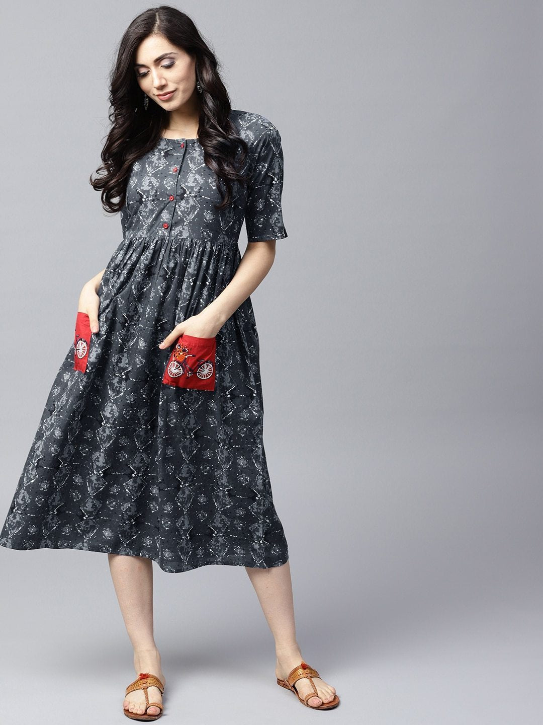 Women's  Grey Printed Fit and Flare Dress