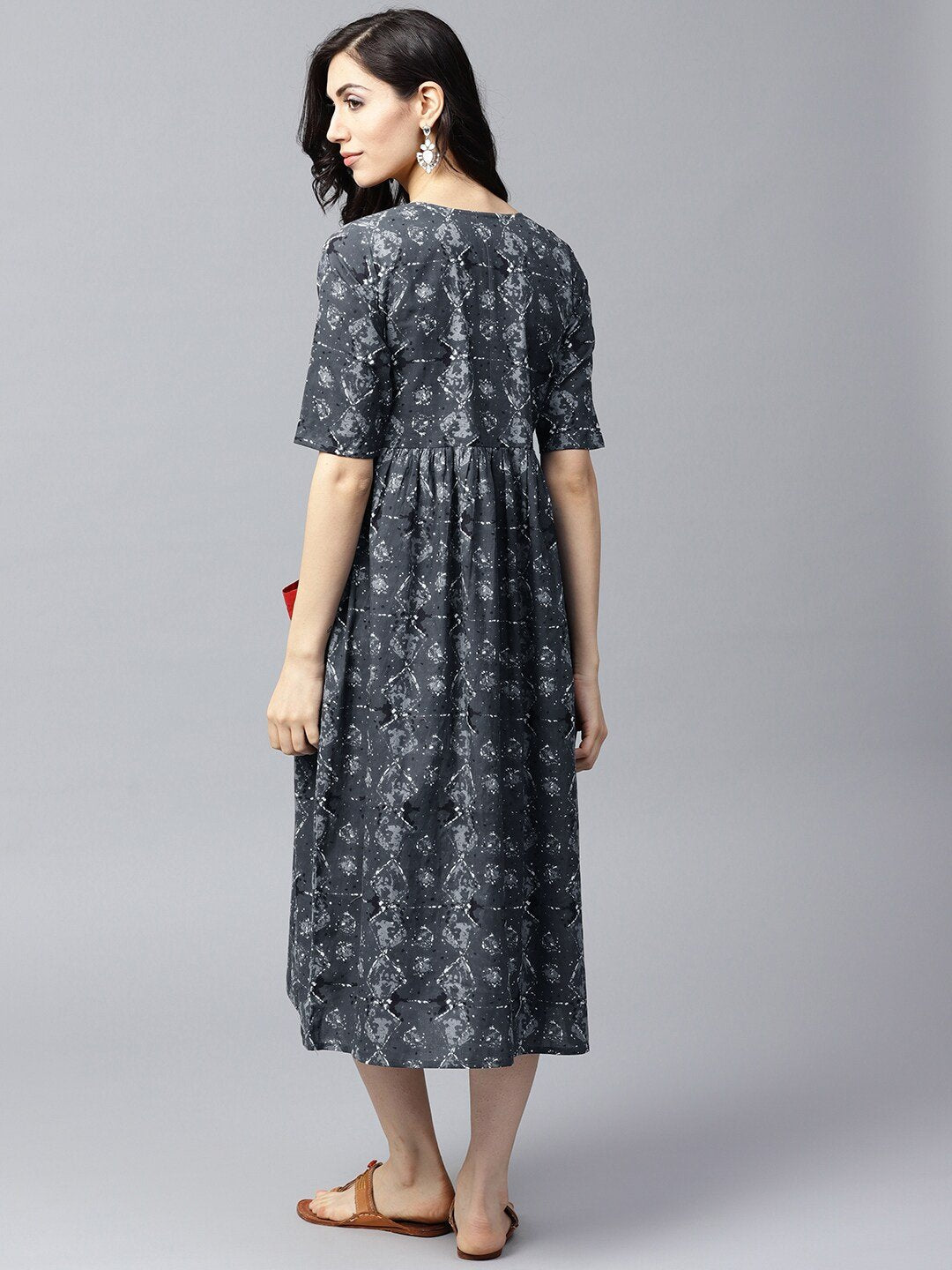 Women's  Grey Printed Fit and Flare Dress