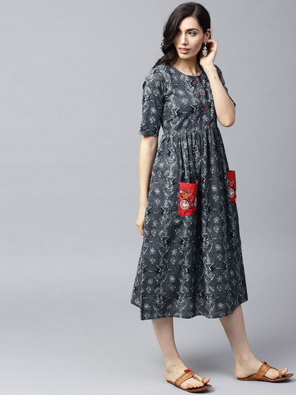 Women's  Grey Printed Fit and Flare Dress