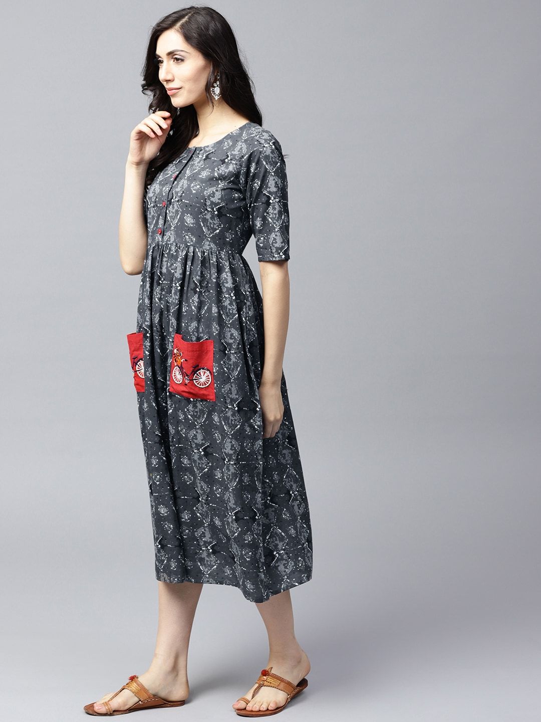 Women's  Grey Printed Fit and Flare Dress
