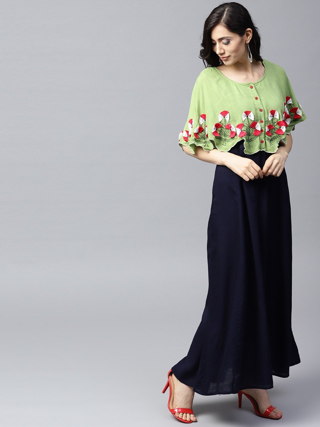 Women's  Navy Blue & Green Layered Maxi Dress