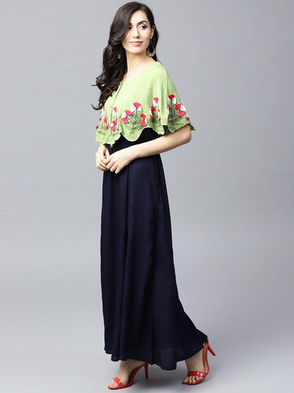 Women's  Navy Blue & Green Layered Maxi Dress
