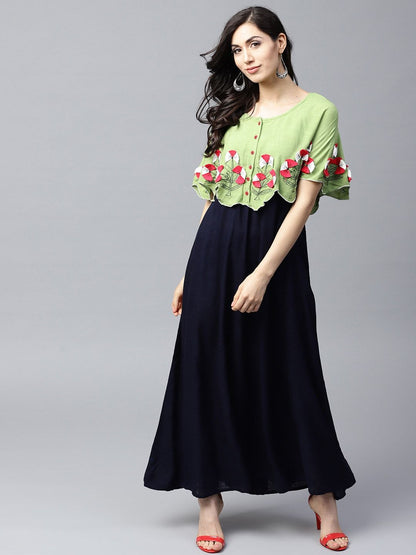 Women's  Navy Blue & Green Layered Maxi Dress