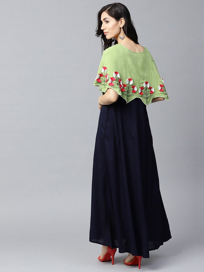 Women's  Navy Blue & Green Layered Maxi Dress