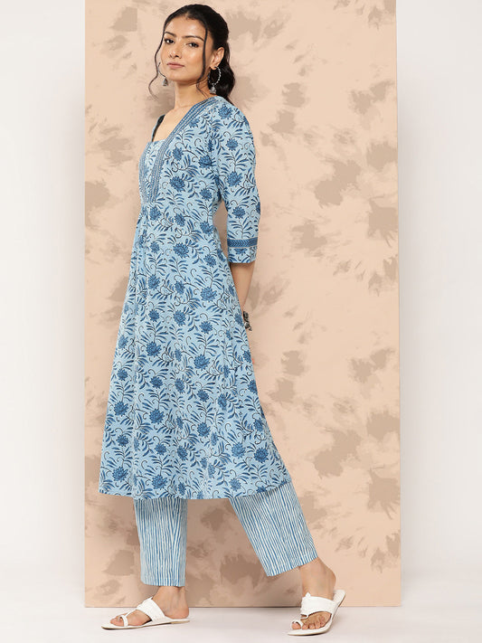 Women's Blue Floral A-Line Kurta Trouser Set