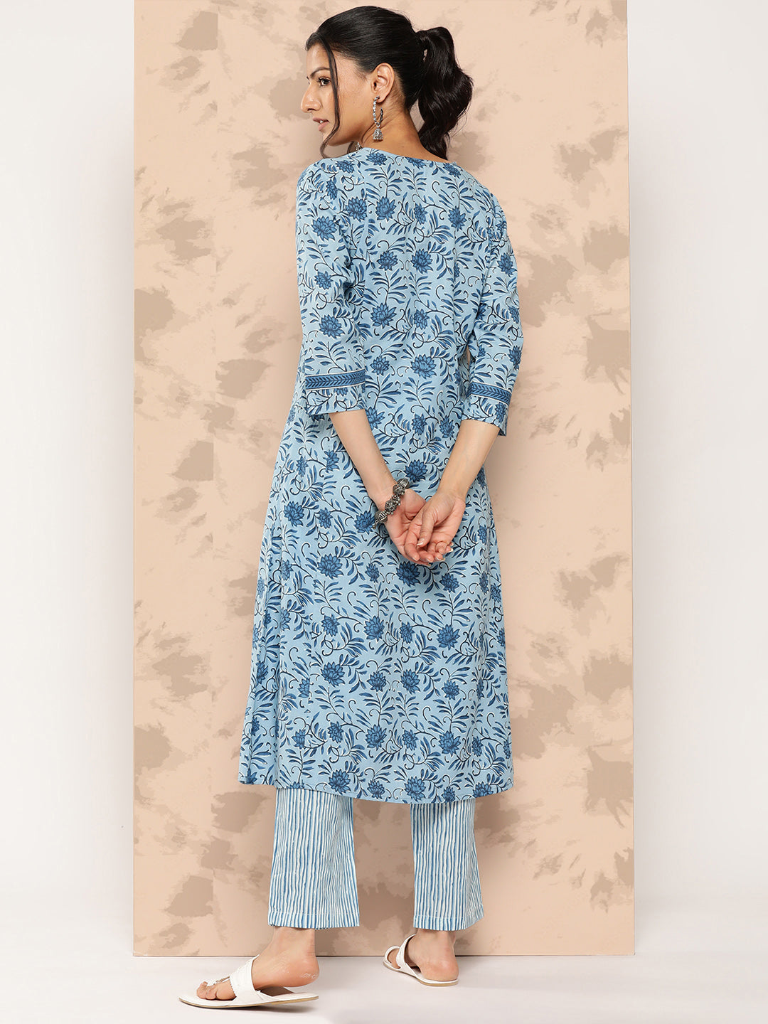 Women's Blue Floral A-Line Kurta Trouser Set