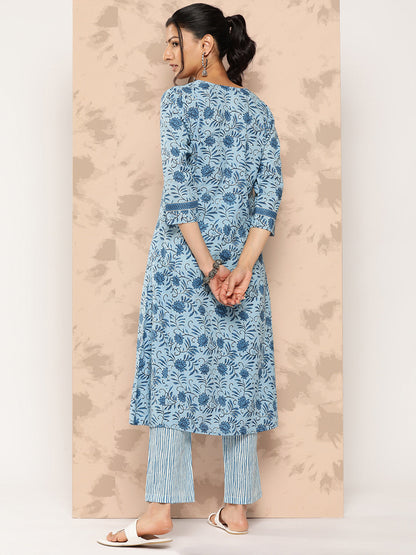 Women's Blue Floral A-Line Kurta Trouser Set