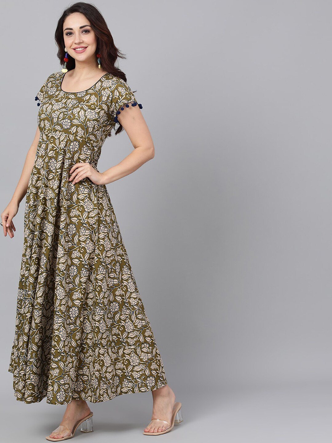Women's  Olive Green & Beige Printed Maxi Dress