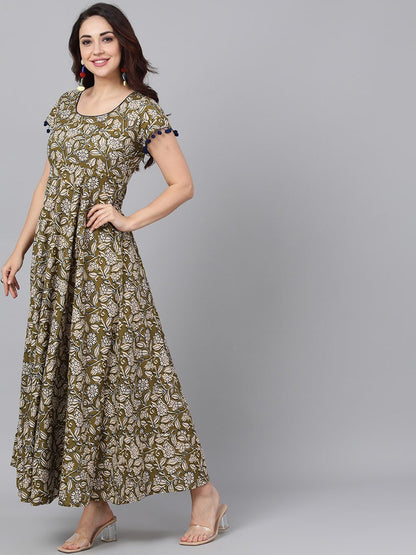 Women's  Olive Green & Beige Printed Maxi Dress