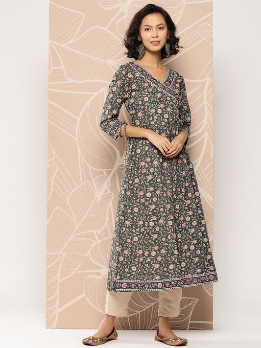 Women's Military Green Floral Angrakha Kurta