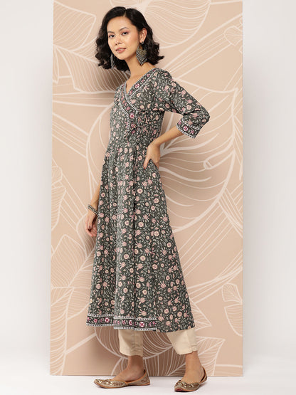 Women's Military Green Floral Angrakha Kurta