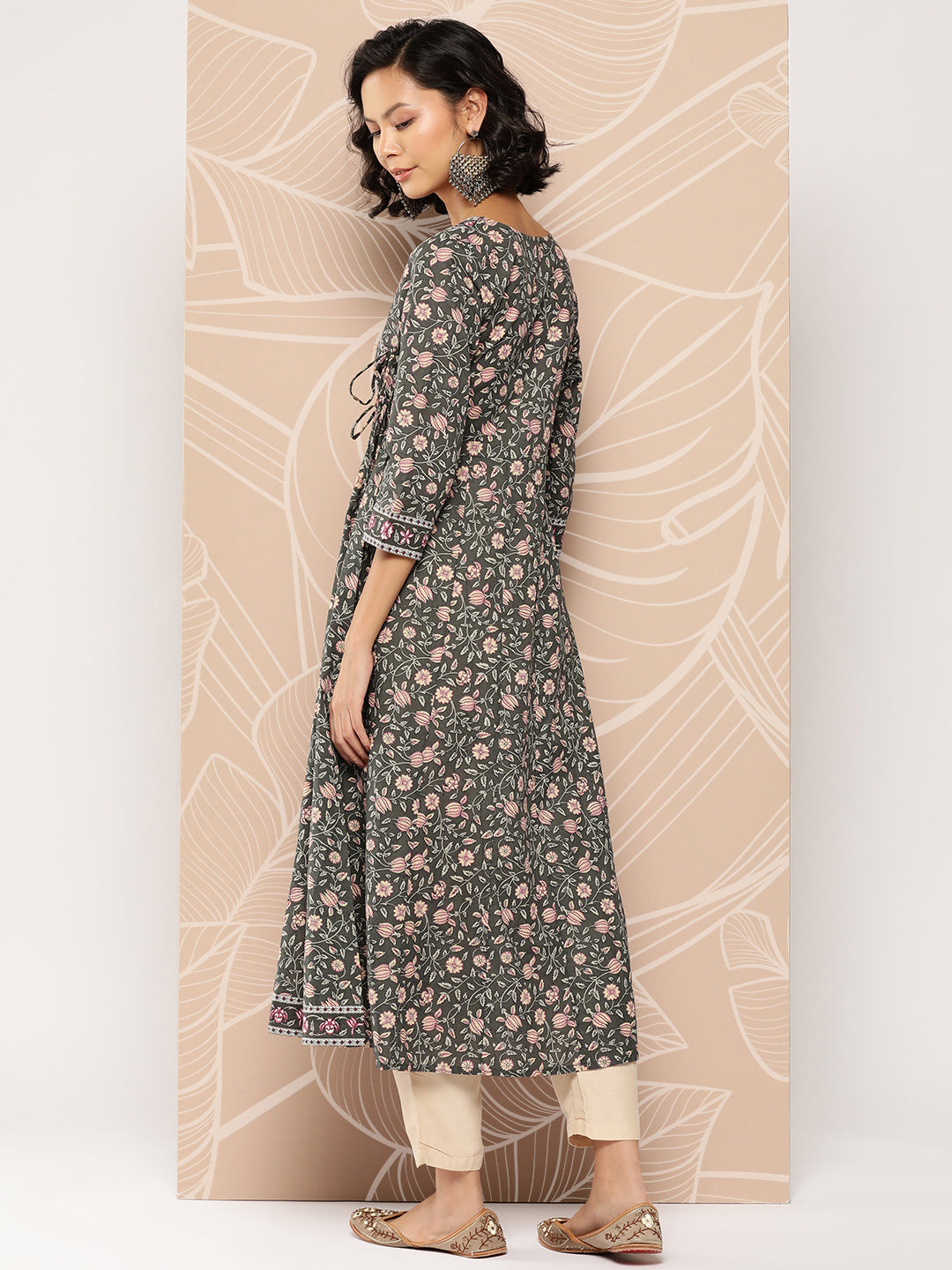 Women's Military Green Floral Angrakha Kurta