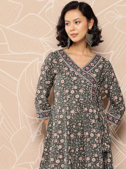 Women's Military Green Floral Angrakha Kurta