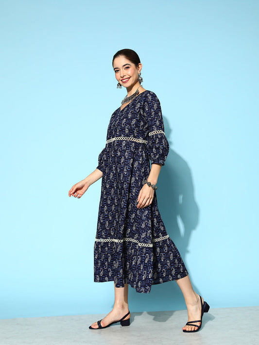 Women's Indigo Blue Ethnic Motifs Fit And Flare Dress