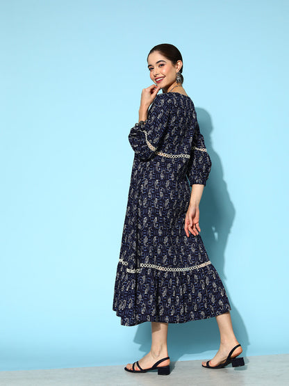 Women's Indigo Blue Ethnic Motifs Fit And Flare Dress