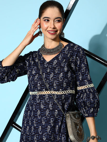 Women's Indigo Blue Ethnic Motifs Fit And Flare Dress