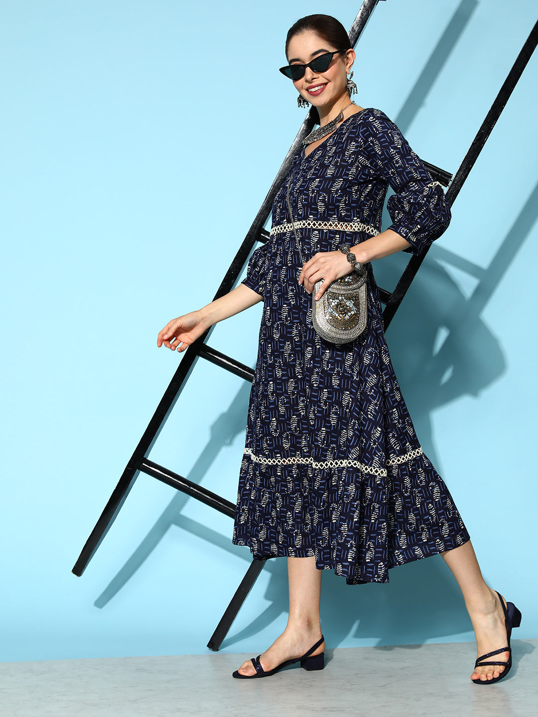 Women's Indigo Blue Ethnic Motifs Fit And Flare Dress