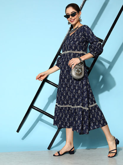 Women's Indigo Blue Ethnic Motifs Fit And Flare Dress