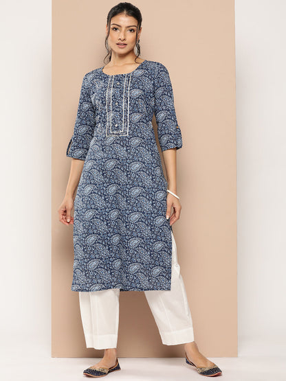 Women's Blue Floral Straight Kurta