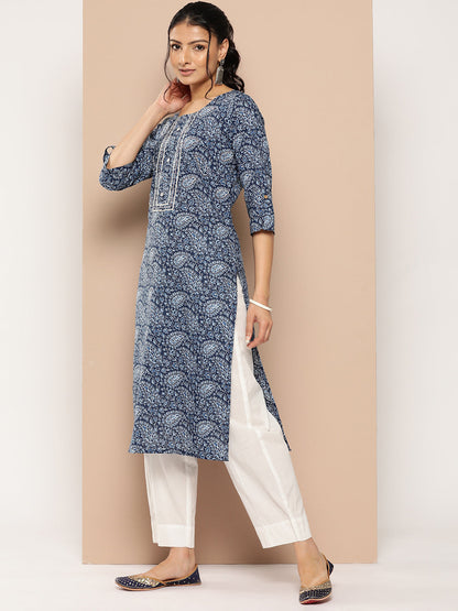 Women's Blue Floral Straight Kurta