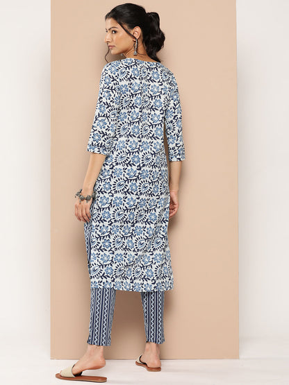 Women's Blue Ethnic Motifs Straight Kurta Trouser Set