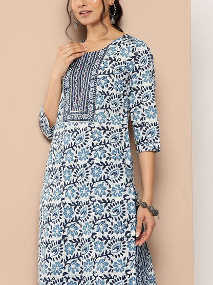 Women's Blue Ethnic Motifs Straight Kurta Trouser Set