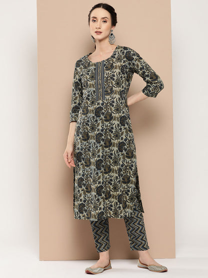 Women's Blue Floral Straight Kurta Trouser Set