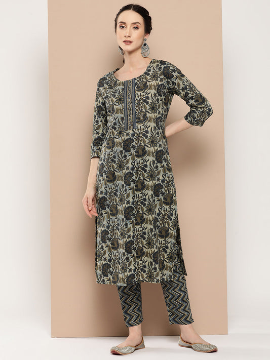 Women's Blue Floral Straight Kurta Trouser Set