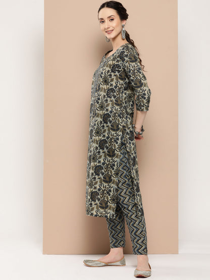 Women's Blue Floral Straight Kurta Trouser Set