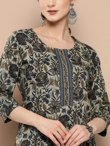 Women's Blue Floral Straight Kurta Trouser Set