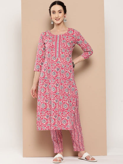 Women's Pink Ethnic Motifs Straight Kurta Trouser Set