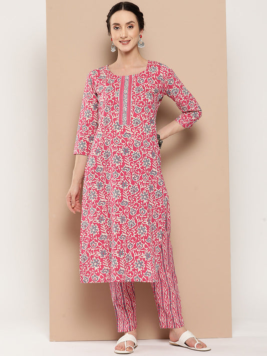 Women's Pink Ethnic Motifs Straight Kurta Trouser Set
